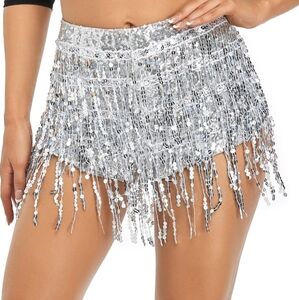 Yollmart Sequins Tassel Shorts Silver Sz-L